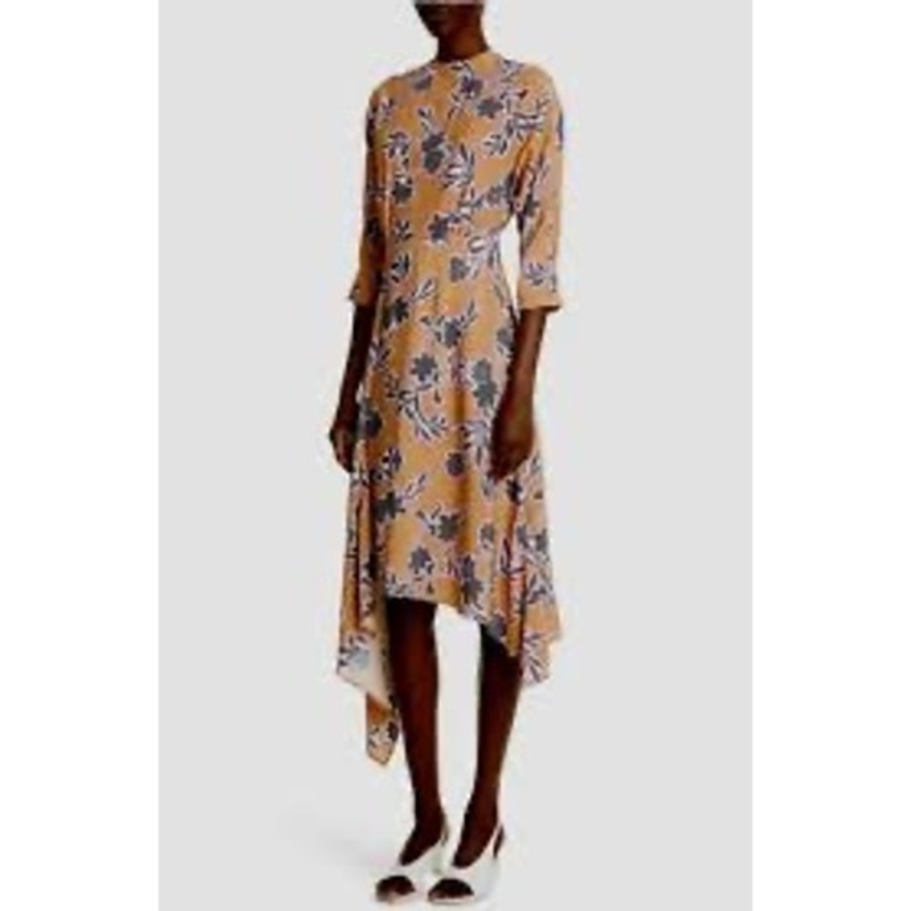 St. John Floral Handkerchief Hem Silk Blend Midi Dress Measures Size 6